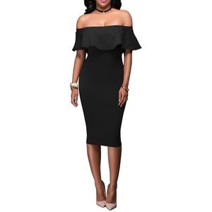 Off Shoulder Ruffles Bodycon Midi Stretch Cocktail Dress in Black size Medium